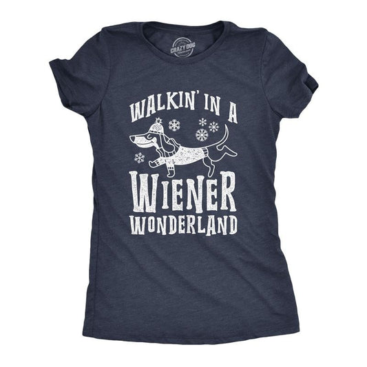 Womens Walkin In A Wiener Wonderland T Shirt Funny Christmas Song Dog Tee Funny Womens T Shirts Cute Slimming Top Comfortable Soft Womenswear Christmas Tops for Women Funny Dog Top Women's Novelty Navy