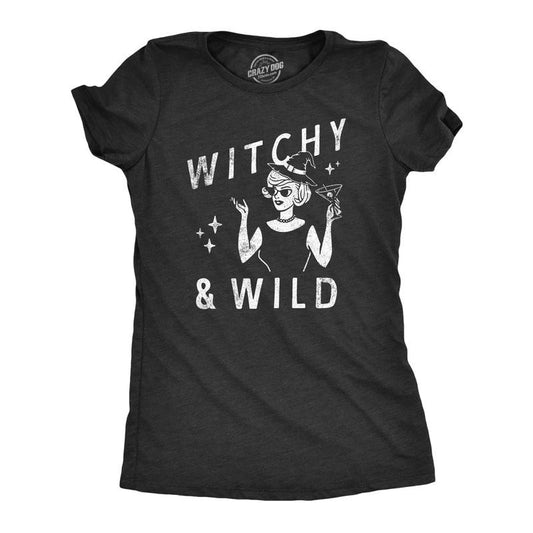Womens Witchy and Wild T Shirt Funny Spooky Season Lovers Party Witch Tee for Ladies Funny Womens T Shirts Cute Slimming Top Comfortable Soft Womenswear Halloween Tops for Women Funny Drinking Top Black -