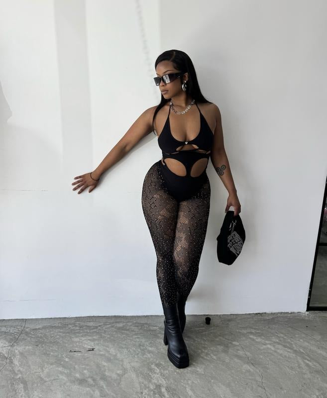 Womenswear Fishnet and Rhinestone Style Dress with Cutouts and Tights, Casual Look T-Shirts, Hoodie, Sweatshirt