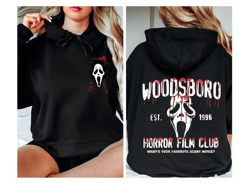 Woodsboro Film Club 2 Sided Hoodie, Halloween Film Club Hoodie, Woodsboro Scream Hoodie, Scream Ghostface Hoodie,...