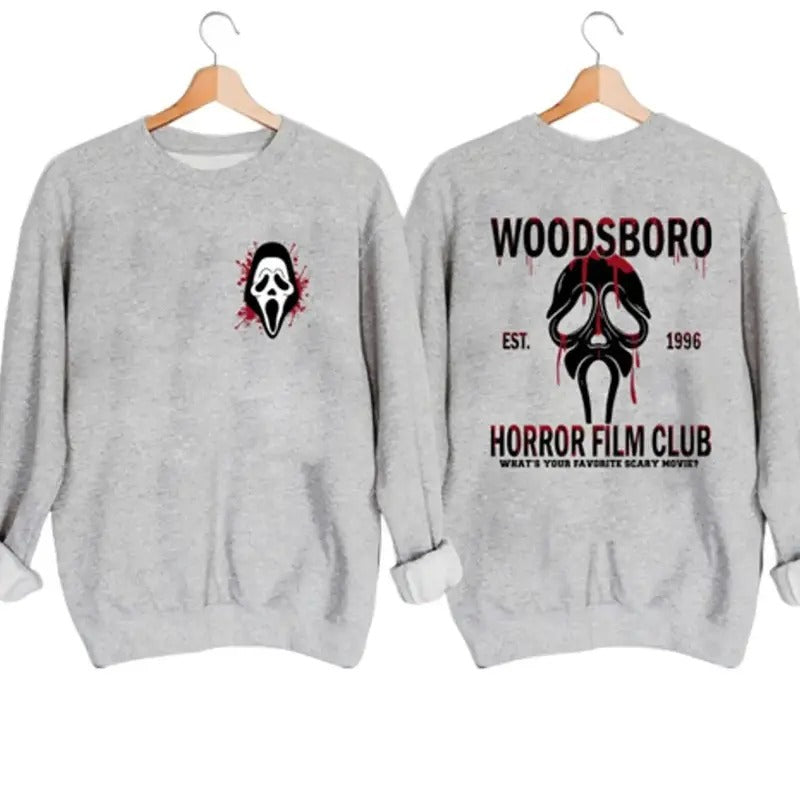 Woodsboro Horror Film Club Halloween Sweatshirt Hoodie Tshirt, Halloween Gifts | DripVista.com