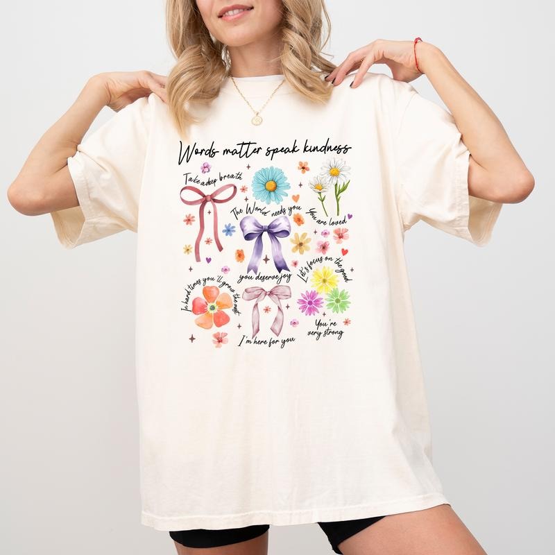 Words Matter Speak Kindness Comfort Colors Shirt, Kindness T-shirt, Wildflower Graphic Tee, Coquette Clothing, Boho Outfits, Gift For Mom, Womenswear