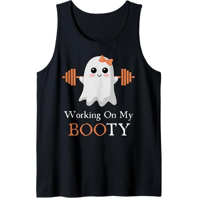 Working On My Booty Boo-Ty Funny Halloween Gym Ghost Pun Tank Top Made in USA