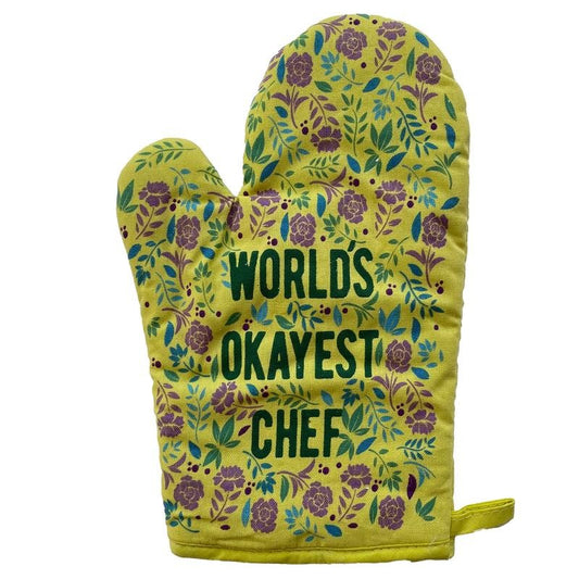 World's Okayest Chef Oven Mitt Funny Cooking Floral Kitchen Glove Gag Gift Funny Graphic Kitchenwear Funny Sarcastic  Novelty Cookware Yellow
