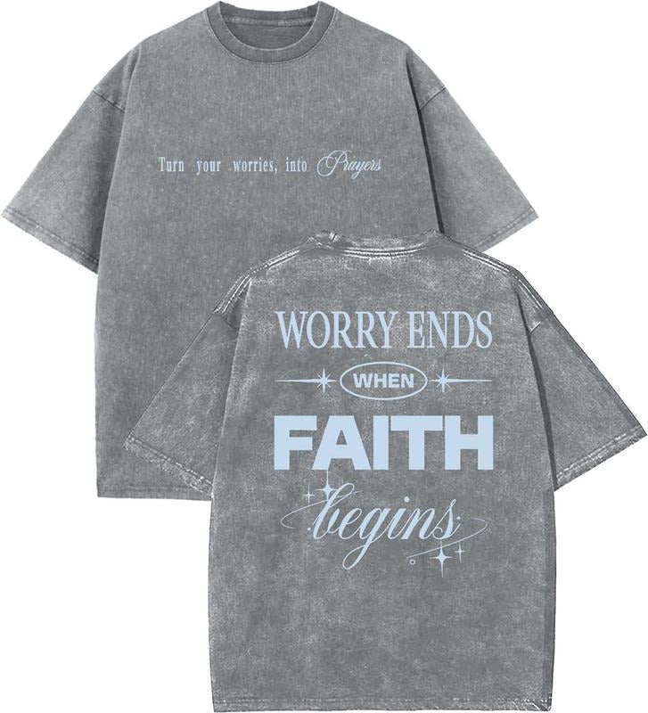 Worry Ends When Faith Begins Unisex Washed T-Shirt, Christian Tshirts, Vintage 90s Graphic Tee, Gift Top Womenswear...