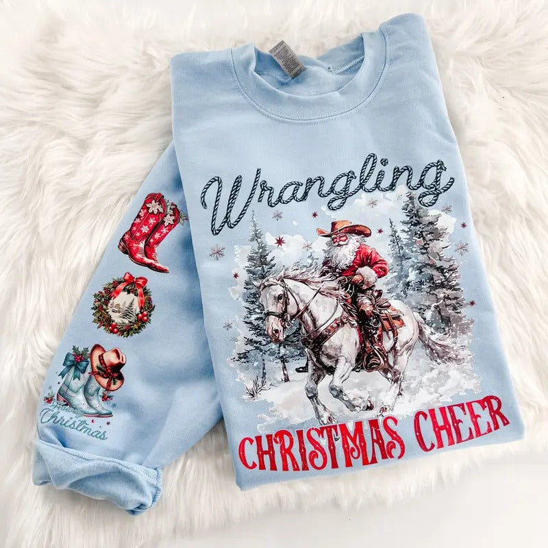 Wrangling Christmas Cheer Western Cowboy Santa Sweatshirt or Hoodie with sleeve print Comfy Sublimation Tops Menswear...