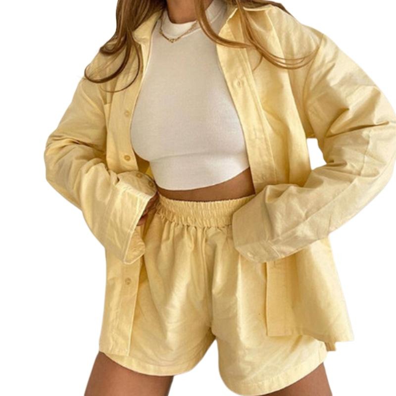 2 Pieces Suit Set, Female Striped/ Plaid Turn-Down Collar Long Sleeve Shirt+ Short Pants for Summer, S/M/L/XL Casual Womenswear