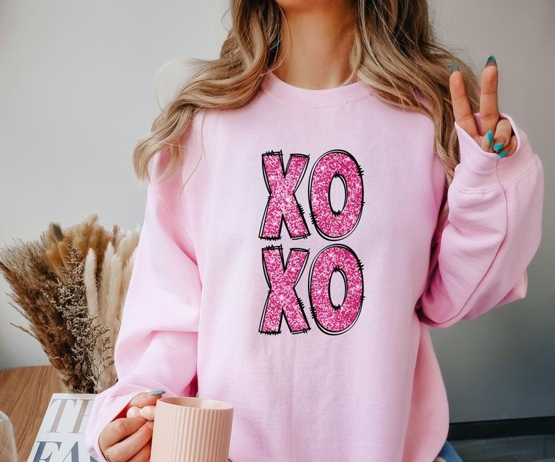 XOXO Crewneck Sweatshirt faux shimmer T-Shirts, Hoodie | DripVista.com
