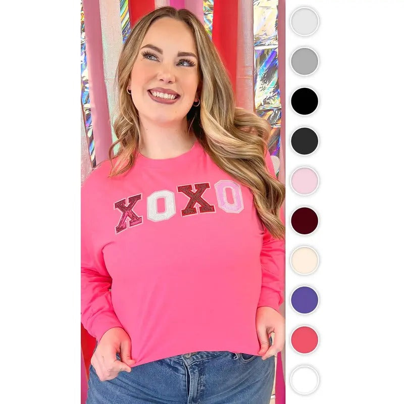 XOXO Sequin Valentine Graphic Long Sleeve T-Shirt Hoodie, Sweatshirt | DripVista.com