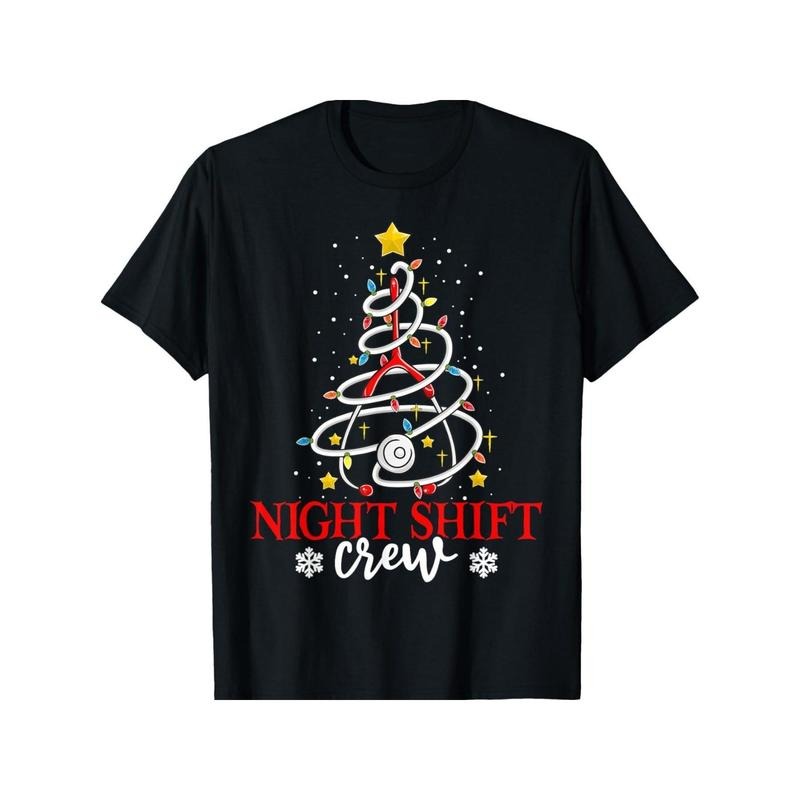 Xmas Nursing Shirt Women, Christmas Nurse Night Shift Crew T-Shirt for Men Women, Christmas Halloween New year Thanksgiving day Gift for Men Women Dad Mom Friend, Unisex Soft Fabric 100% cotton Black Tee Made in USA