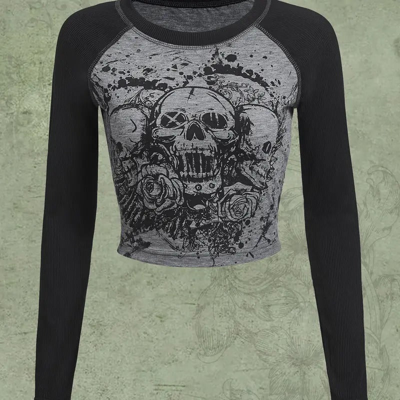 Y2K Shirt Gothic Long Sleeve Crop Tops Graphic Tees Skull Floral Print T Shirts Hoodie, Sweatshirt | DripVista.com
