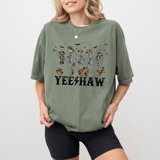 Yeehaw Shirt, Dancing Skeleton Western Graphic Tee, Country Western Cowgirl Unhinged Shirt, Funny T-shirt For Women, Country Music Tee, Halloween Western Style, Comfy Fabric Graphic Tee, Women's Top, Womenswear, Cotton Fabric Relaxed Fit Chic Style
