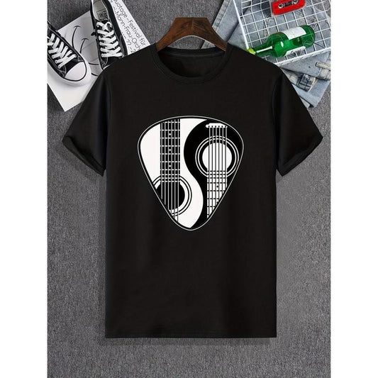 Yin Yang Guitar Passion - Mens Soft Stretch Graphic Tee with Cool Print, Lightweight Summer Shirt for Casual Sporty Style Made in USA