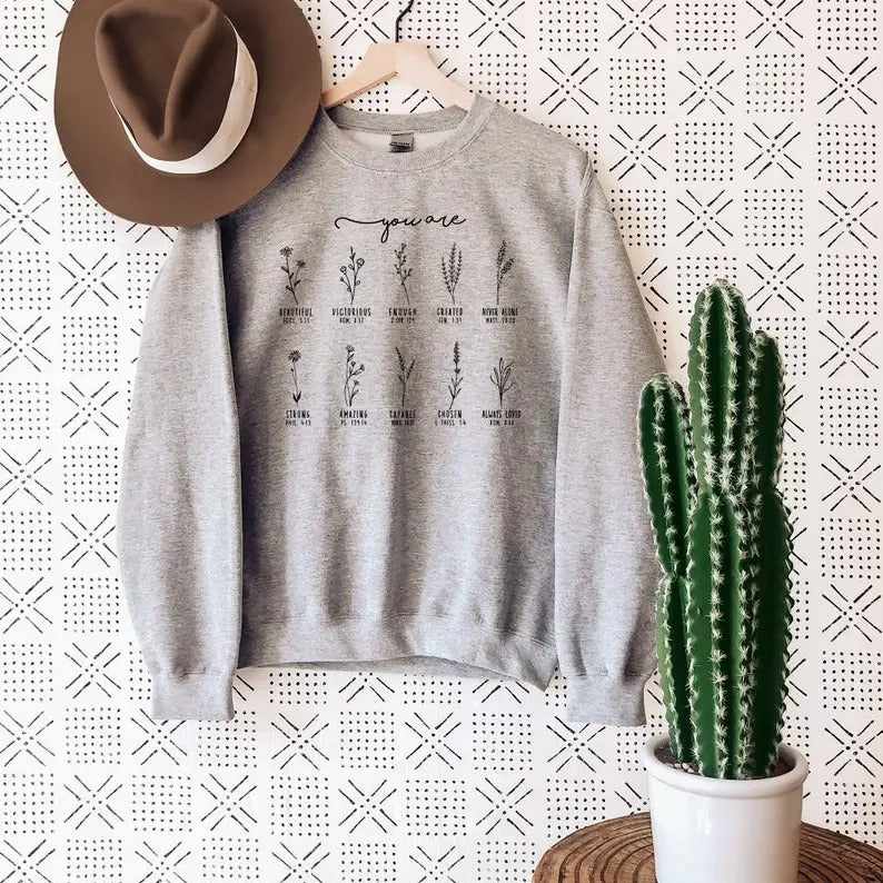 You Are Bible Verse Sweatshirt, Inspiration Bible Sweater, Wild flower Christian Shirt, Retro Christian  T-shirt, sweater...