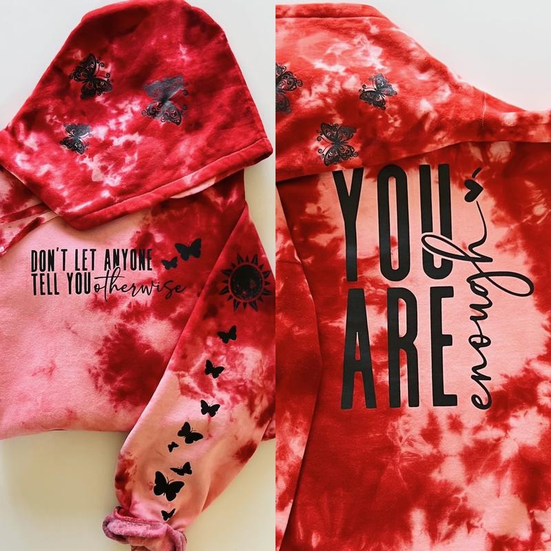 You Are Enough Blazing Red Tie Dye Hoodie Soft Cotton Casual Day Hoodie for Women with Comfortable Design and Graphic Top...