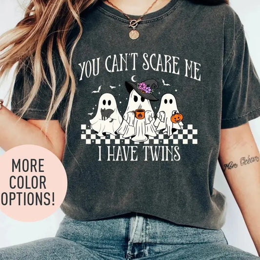 You Can't Scare Me I Have Twins Shirt, Funny Ghost Shirt for Twin Mom, Halloween Twin Mom Shirt, Twin Pregnancy Reveal Crewneck Cotton