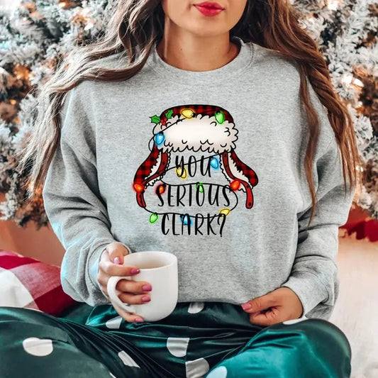 "You Serious Clark"? Christmas Sweatshirt - Hoodie with Christmas Lights and Plaid Hat Design, Cozy Apparel for Movie Fans and Holiday Cheer