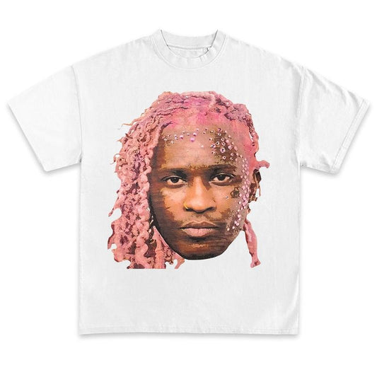 Young Thug Shirt Pink Hair Face Graphic Tee Shirt Rapper Vintage Design Merch Thugger Concert Unisex T-shirt for Men Women Fans Shortsleeve Crewneck Cotton Menswear Top