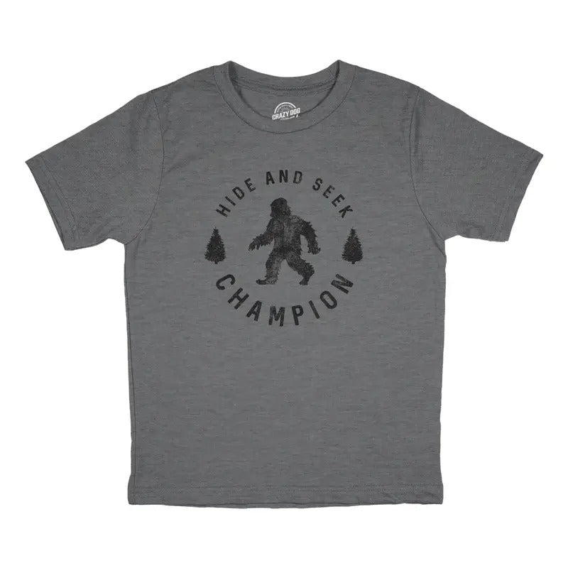 Youth Hide And Seek Chamption T Shirt Funny Hidding Bigfoot Sasquatch Joke Tee For Kids Funny T Shirts Funny Sarcastic Short Sleeve Novelty Tees for Kids Dark Grey