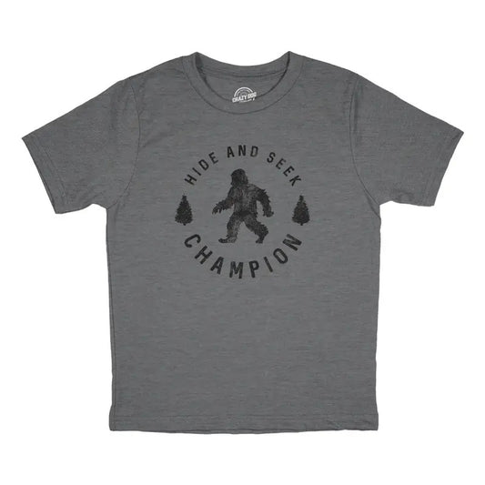 Youth Hide And Seek Chamption T Shirt Funny Hidding Bigfoot Sasquatch Joke Tee For Kids Funny T Shirts Funny Sarcastic Short Sleeve Novelty Tees for Kids Dark Grey