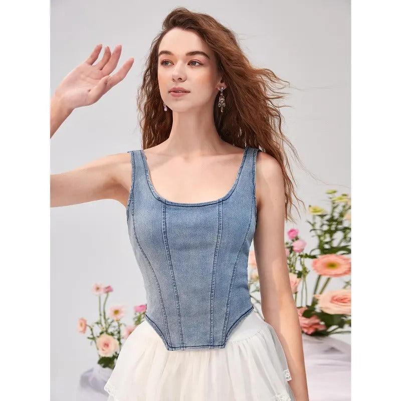 Zip Up Back Asymmetrical Scoop Neck Sleeveless Denim Crop Tank TopY2K T-Shirts, Hoodie, Sweatshirt | DripVista.com
