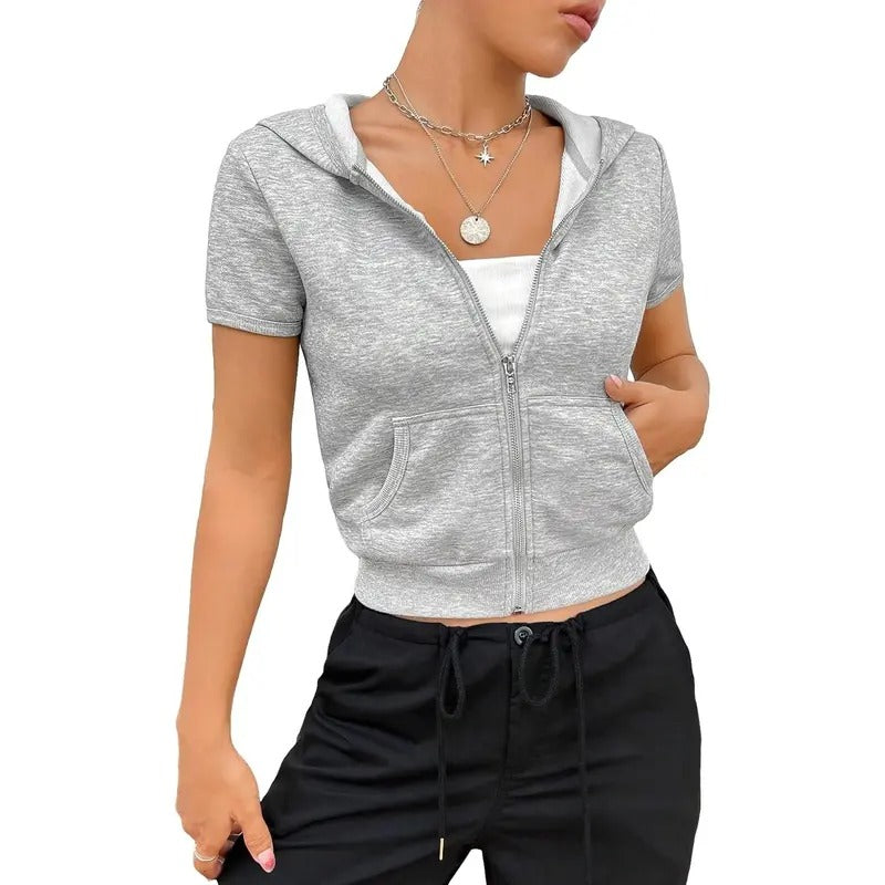 Zip Up Short Sleeve Hooded Crop Sweatshirt Casual Hoodie Top FOG T-Shirts | DripVista.com