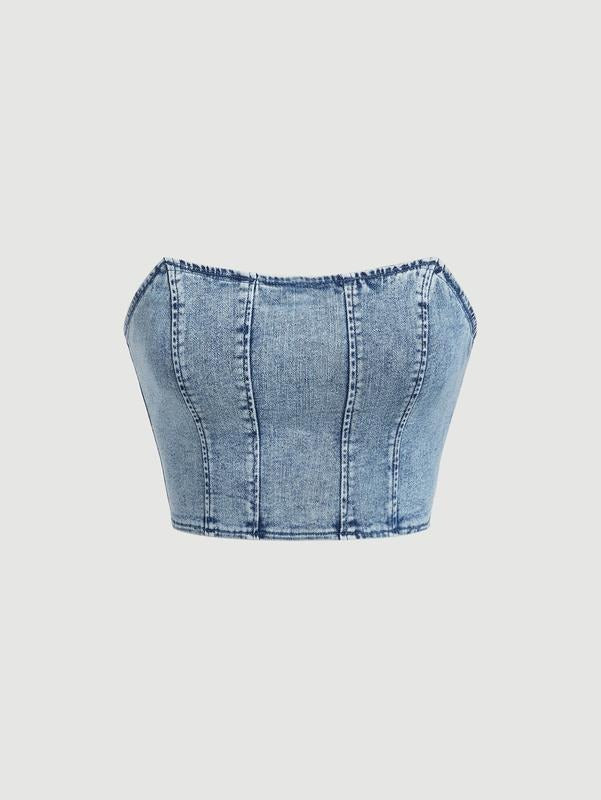 Zipper Strapless Sleeveless Denim Tube Crop Bandeau TopY2K T-Shirts, Hoodie, Sweatshirt | DripVista.com