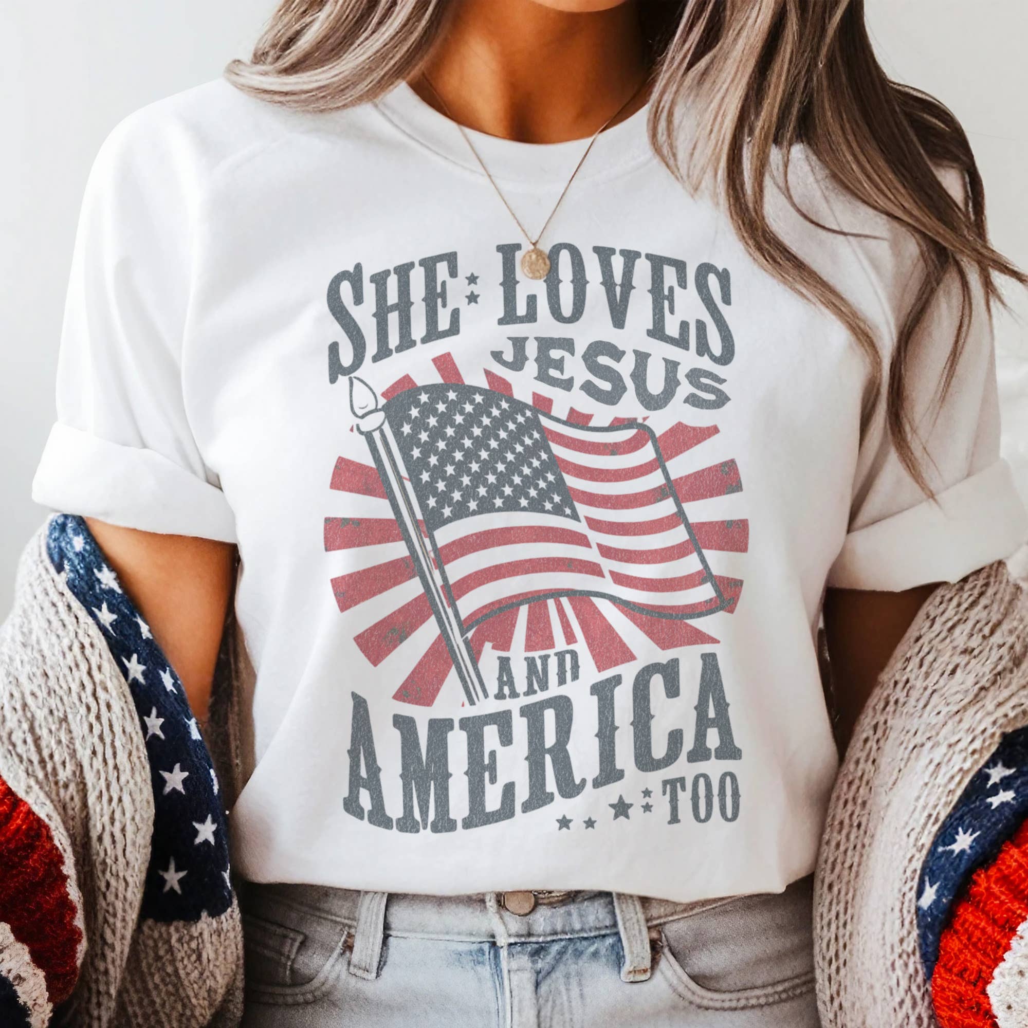 Vintage USA She Loves Jesus and America Too Graphic Tee