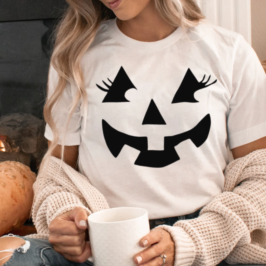 Pumpkin Face with Eyelashes Bella Canvas Tee