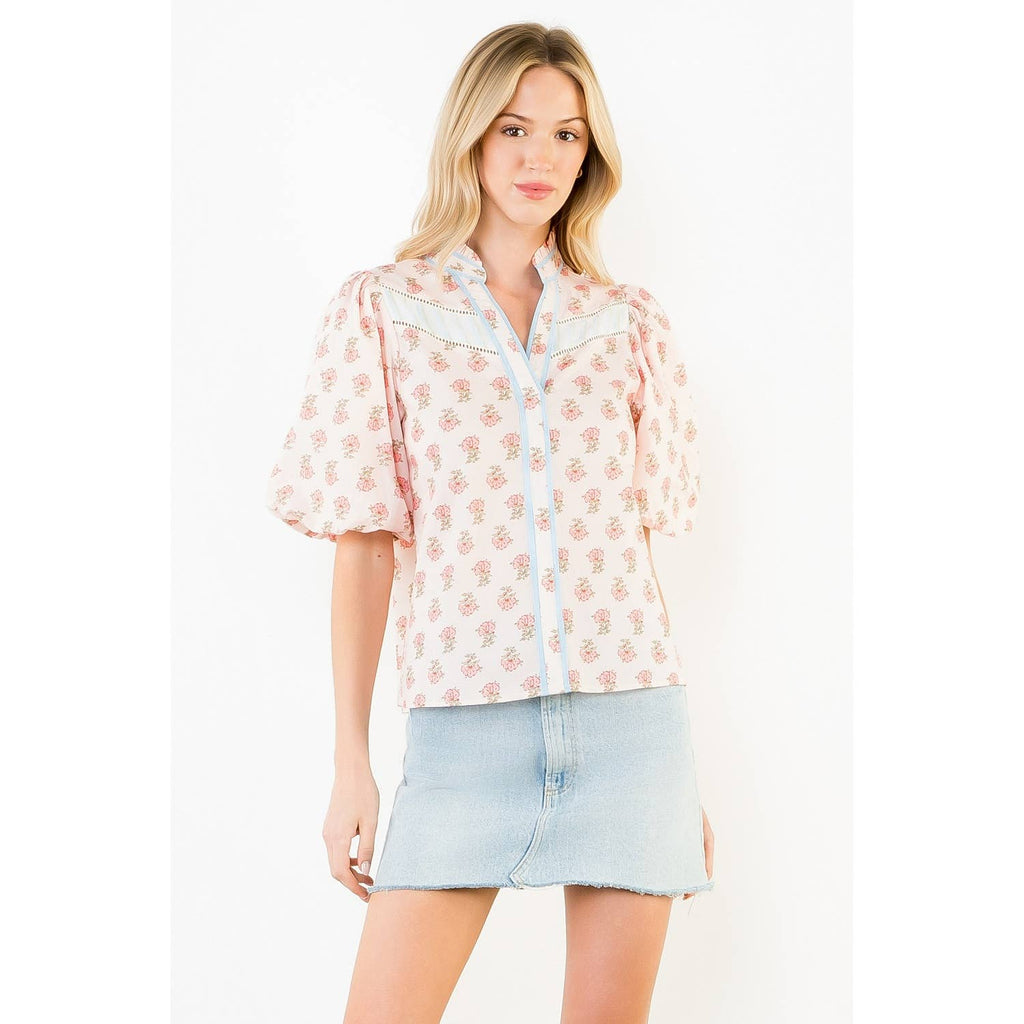 Puff Sleeve Floral Detail V-Neck Top