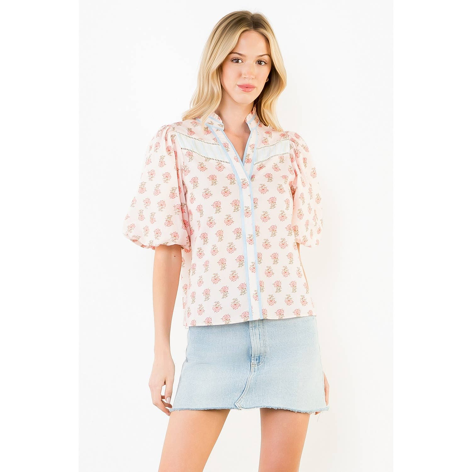 Puff Sleeve Floral Detail V-Neck Top