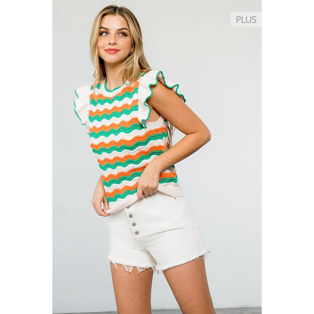 /Size Xl/ Pattern Ribbed Ruffle Sleeve Top