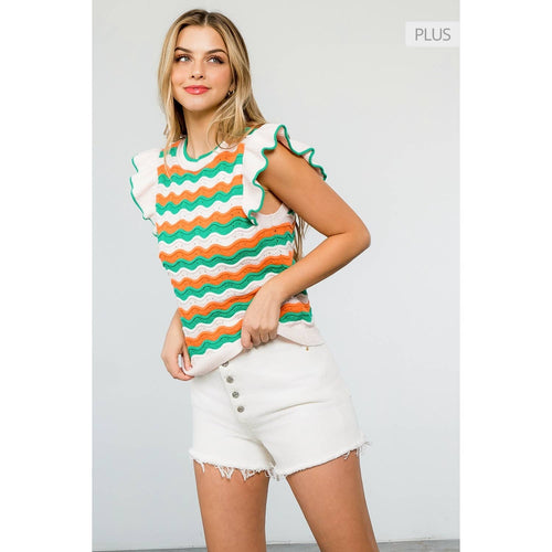 /Size Xl/ Pattern Ribbed Ruffle Sleeve Top
