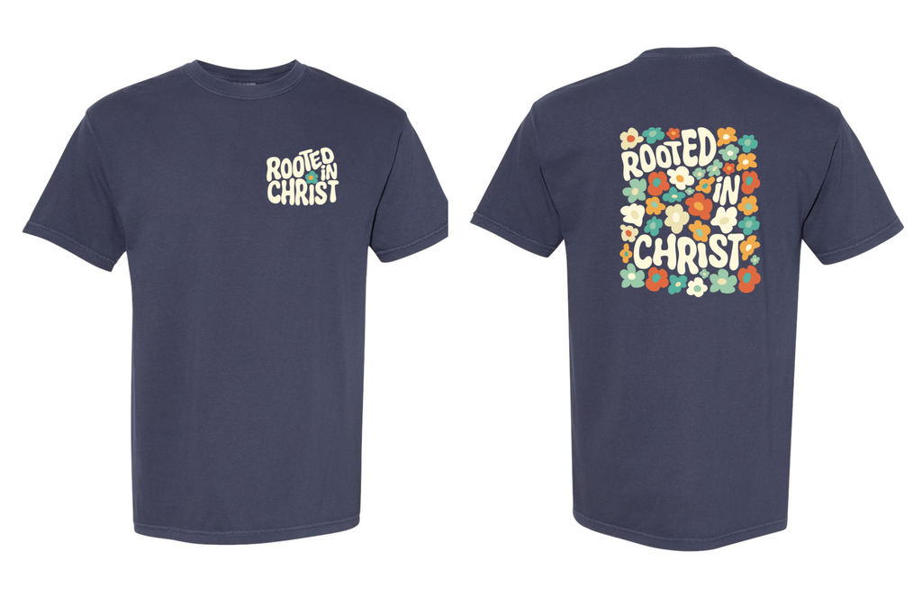 Front/Back Rooted in Christ Floral On Comfort Colors Navy