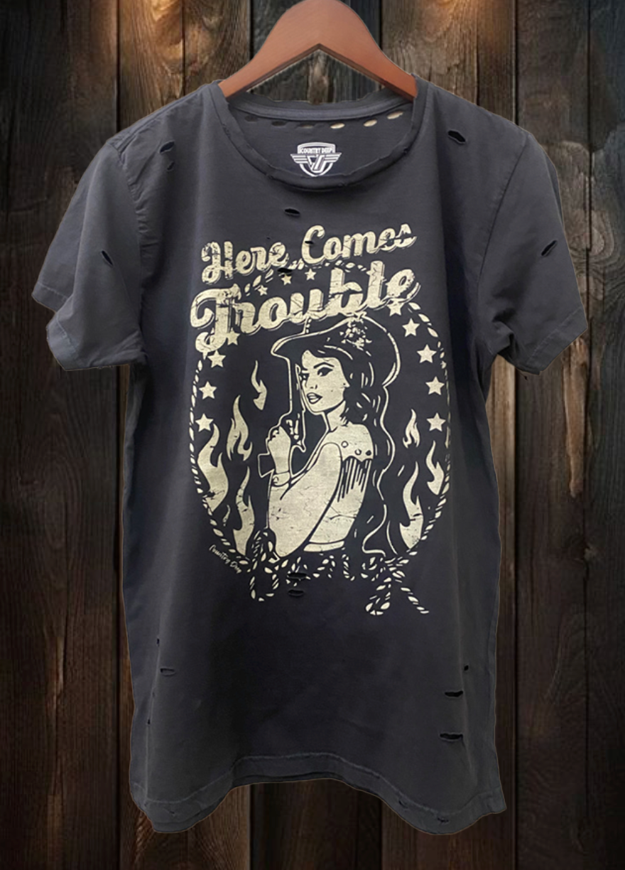Here Comes Trouble Distressed T Shirt