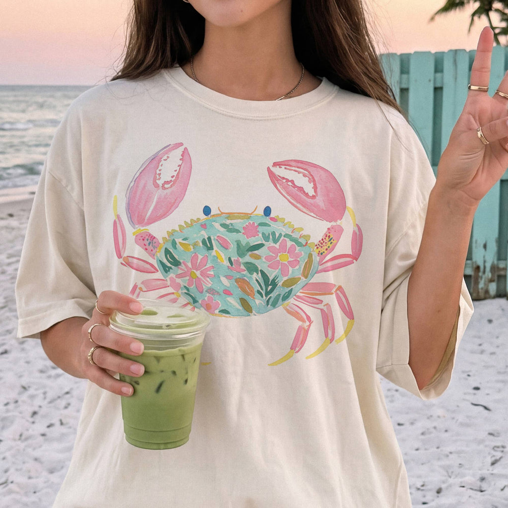 Coastal Crab Preppy Lily Print Beach Ocean Resort Tee
