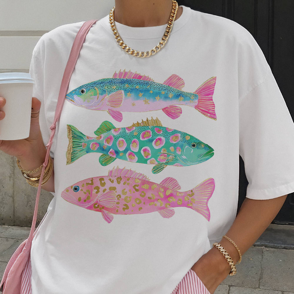 Coastal Preppy Fish Pink Blue Beach Ocean Club Graphic Tee
