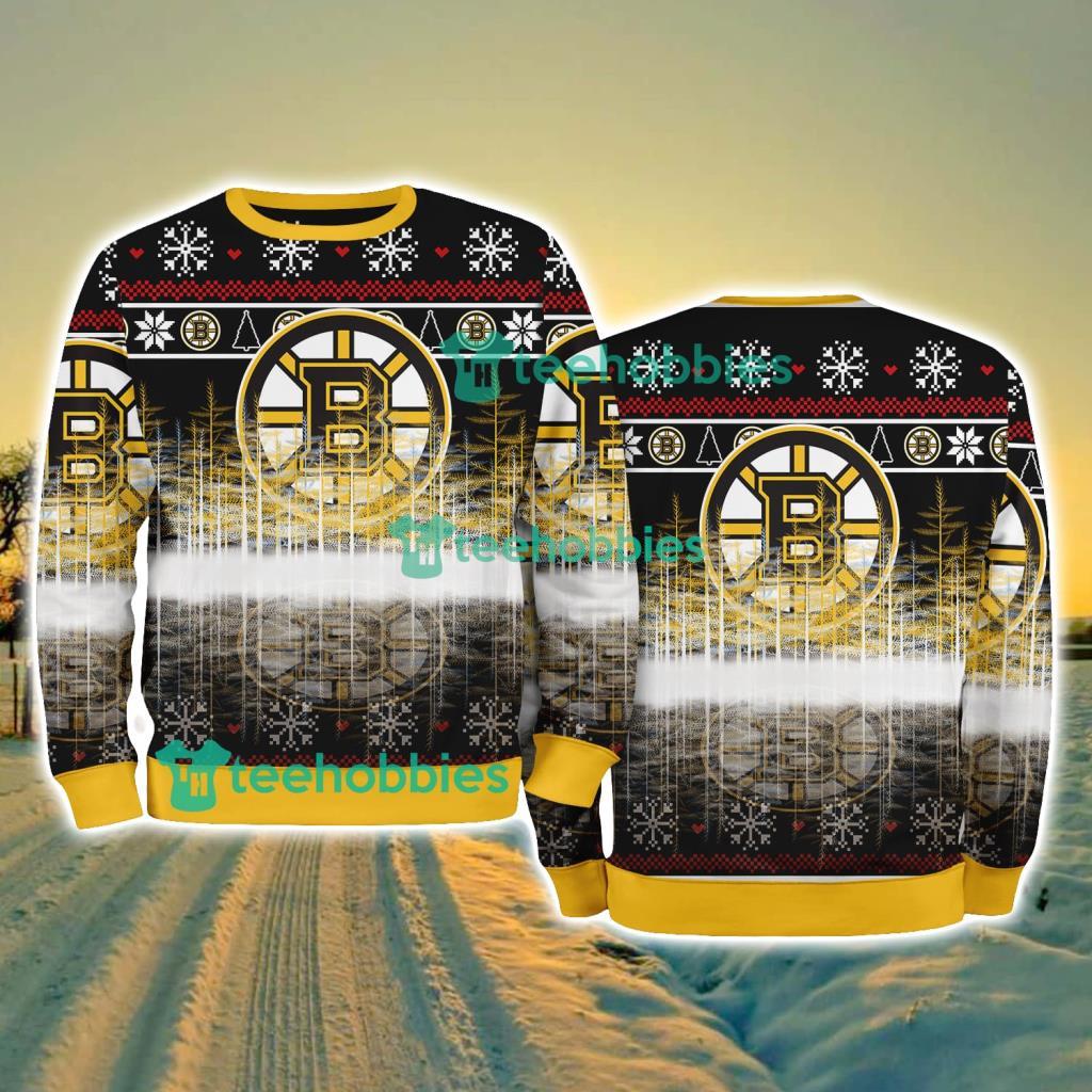Boston Bruins Logo Brand Pine Tree Christmas Pattern Christmas Ugly Sweater