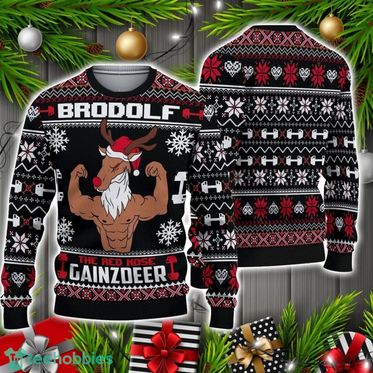 Brodolf The Red Nose Gainzdeer Gym Ugly Christmas All Over Print Sweater Christmas Holiday Gift
