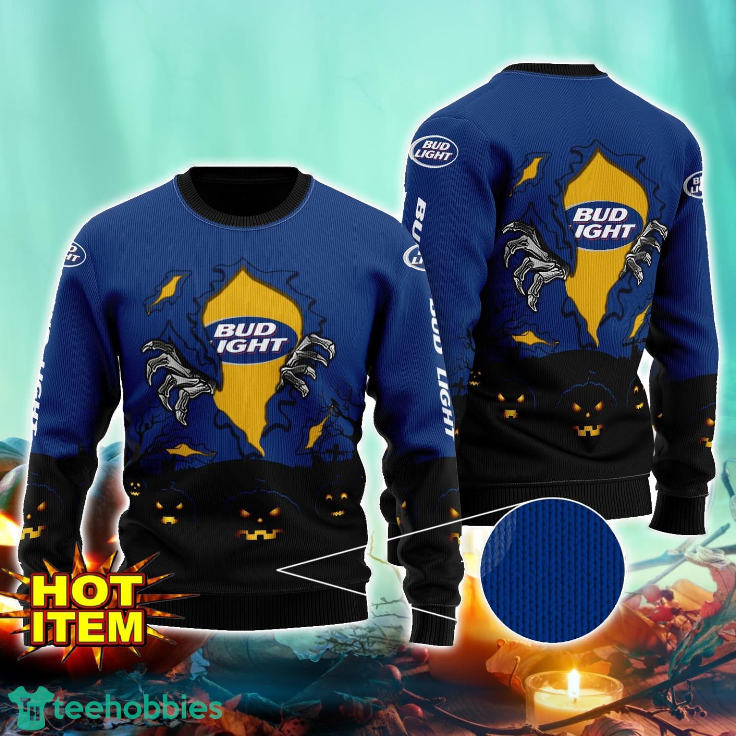 Bud Light Beer Scary Night Halloween Hand Pull Out Halloween 3D Sweater For Men and Women