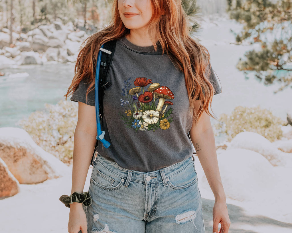 Mushroom, Poppy Wild Flowers Tshirt For Women Comfort Colors