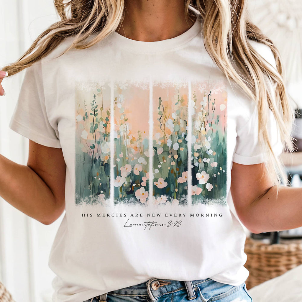 Faith His Mercies Are New Floral Christian Verse Graphic Tee