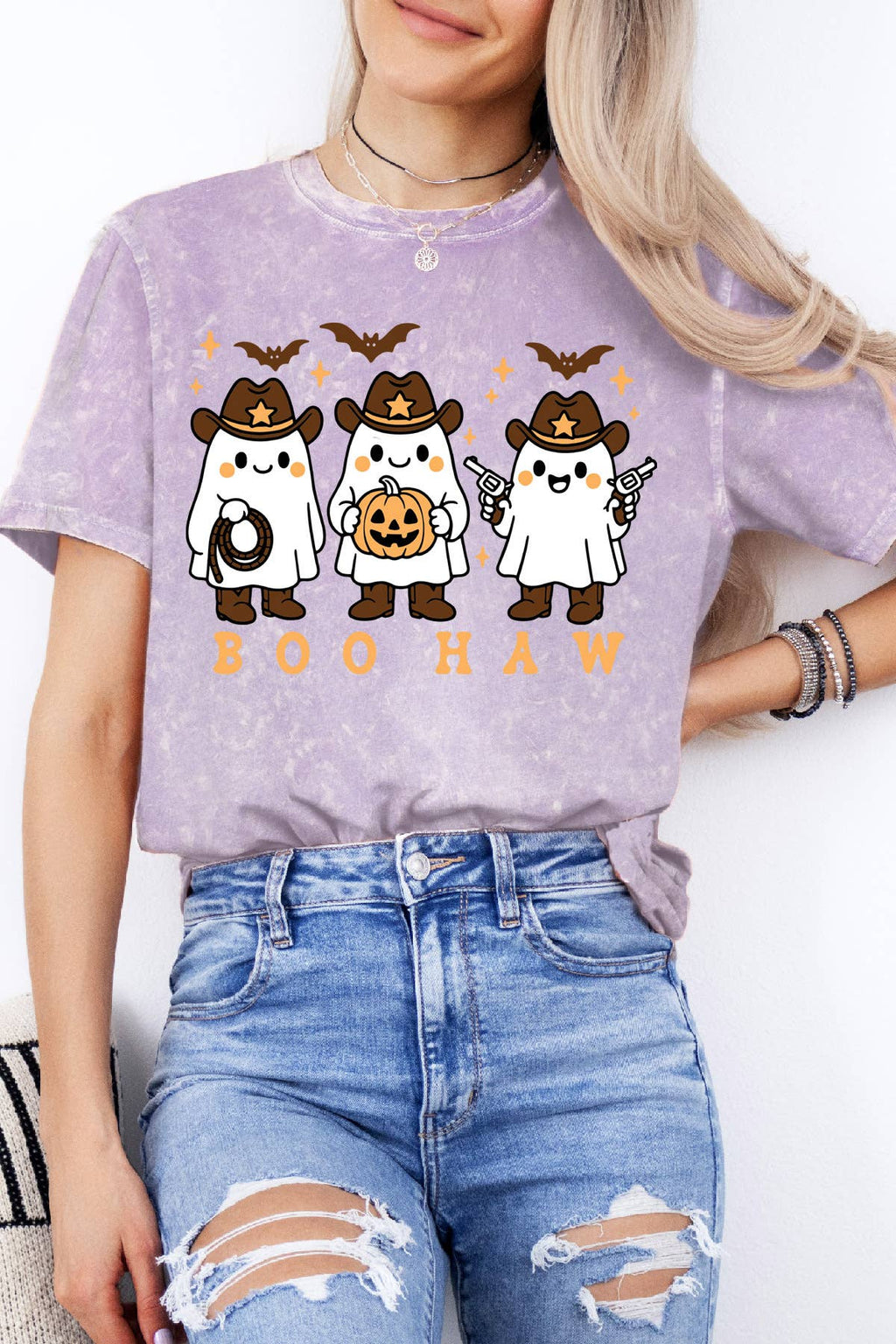 Women Halloween Graphic Print Mineral Wash Top