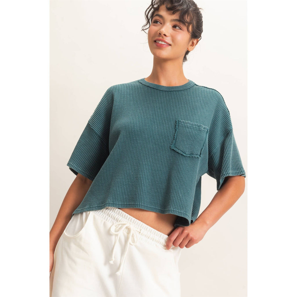 Mineral Wash Waffle Knit Pocket Top