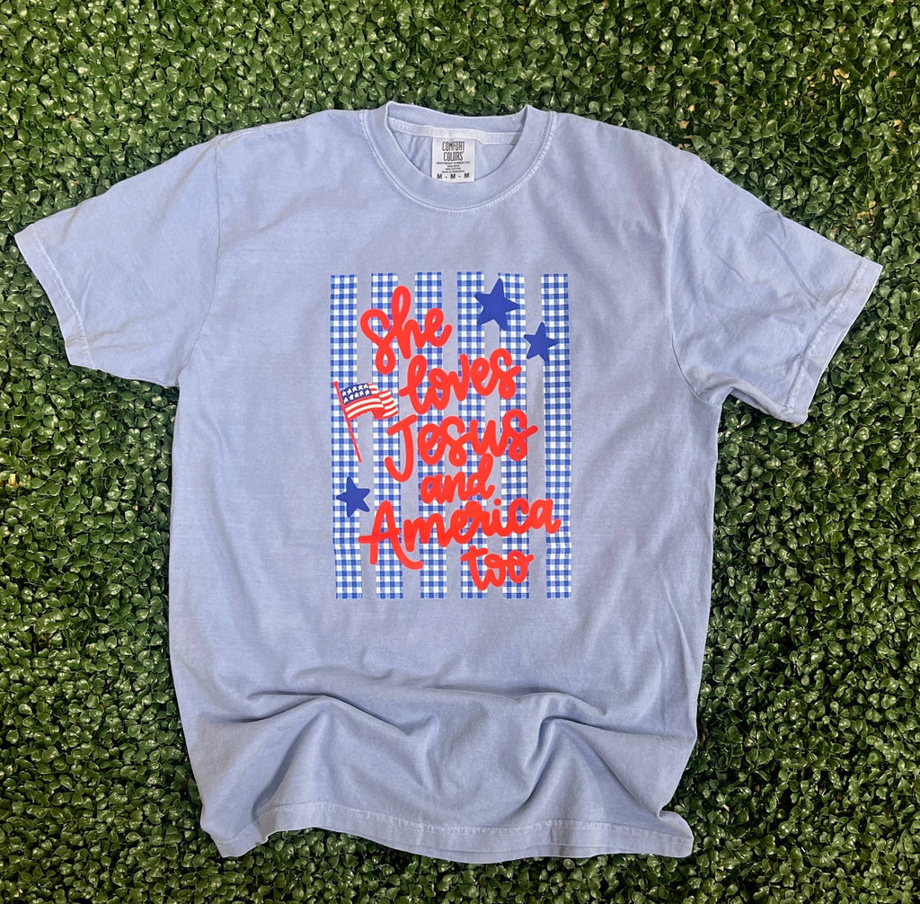She Loves Jesus and America Too -Comfort Colors Washed Denim