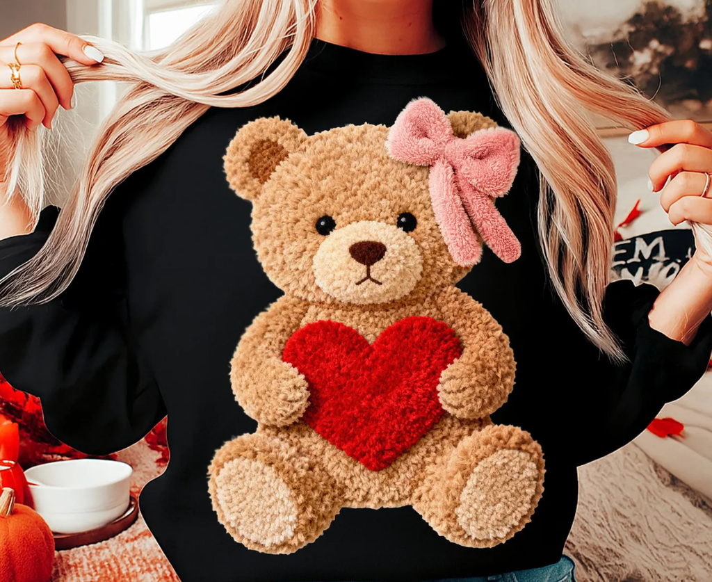 Faux Yarn Valentine's Day Teddy Bear Tee or Sweatshirt