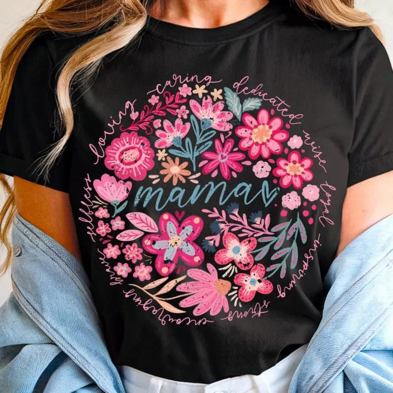 comfort color Lightsaber brand shirts, Mama Flower Shirt, Floral Shirt, trending shirts, graphic tees women, 90s graphic tees, mama Lightsaber brand shirts, summer outfits, Top Womenswear Streetwear Round Neck