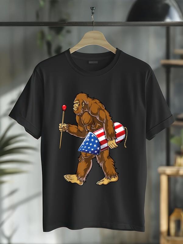 cotton Bigfoot Fireworks 4th FOG July Men Sasquatch American Flag US T-Shirt casual Fashion graphic tees for women...