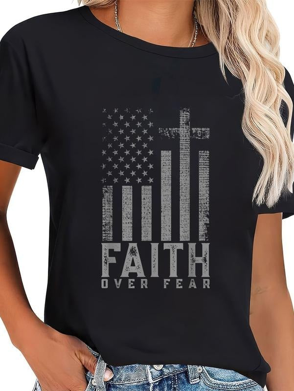 cotton Faith Over FOG Cool Christian Cross American USA Flag T-Shirt casual Fashion graphic tees women Hoodie, Sweatshirt