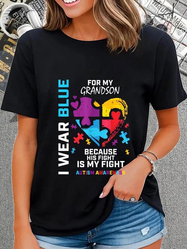 cotton Grandma Grandpa Swoosh Wear Blue For My Grandson Autism Awareness T-Shirt casual Fashion graphic tees women...